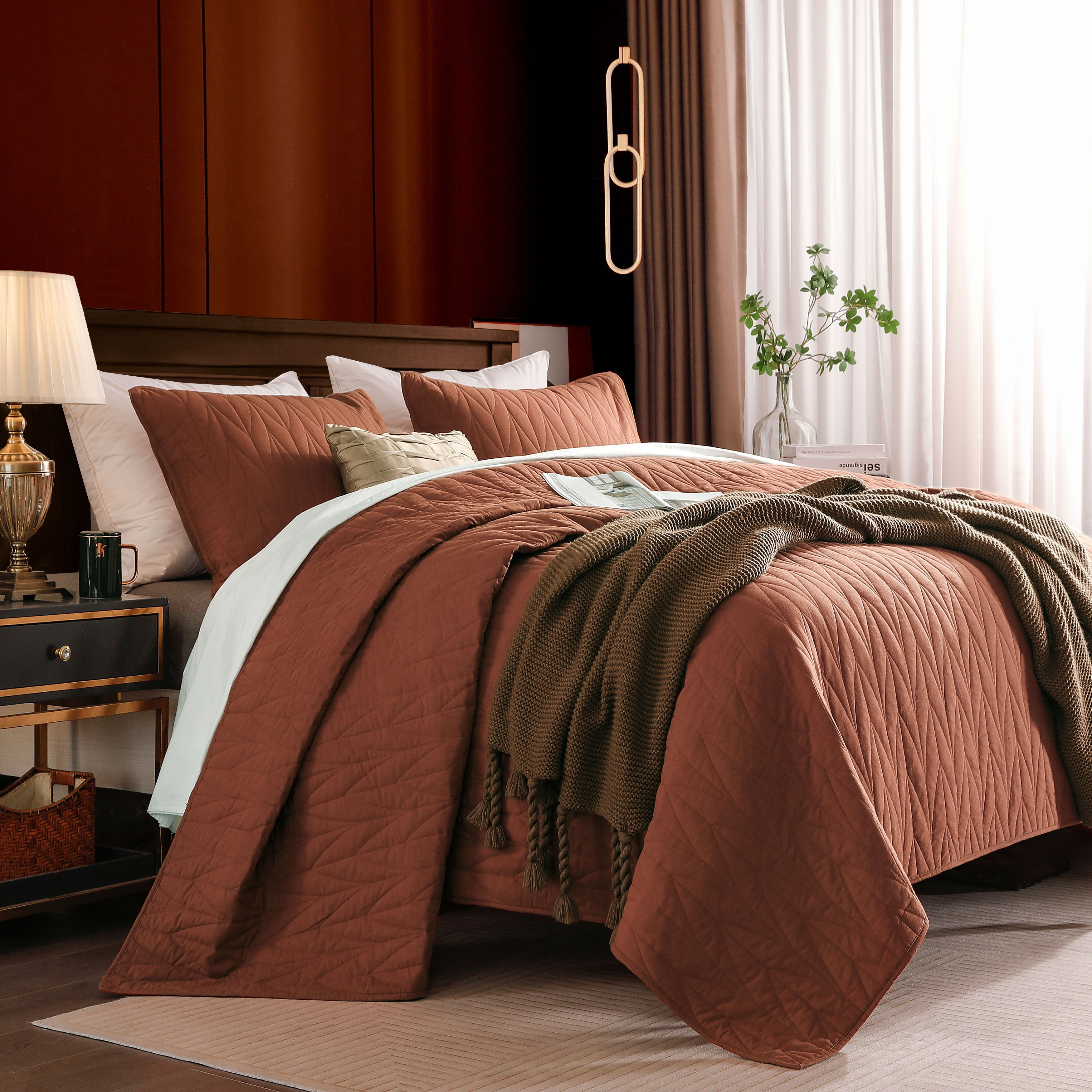 Copper Full Reversible Cotton Quilt Set with Matching Shams