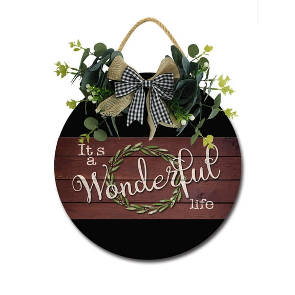 It's A Wonderful Life Sign Front Door Porch Decorations, Round Rustic Wood Hanging Sign for Farmhouse Porch Outdoor Home Holiday Front Door Sign Decor