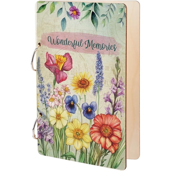 Wonderful Memories Greeting Card Holder Wild Flowers Wedding Planning Book Wooden Loose Leaf Binder Photo Album 2-Rings Cover Planner Keeper Keepsake Gifts Wedding Planner for Bride Mixed Color