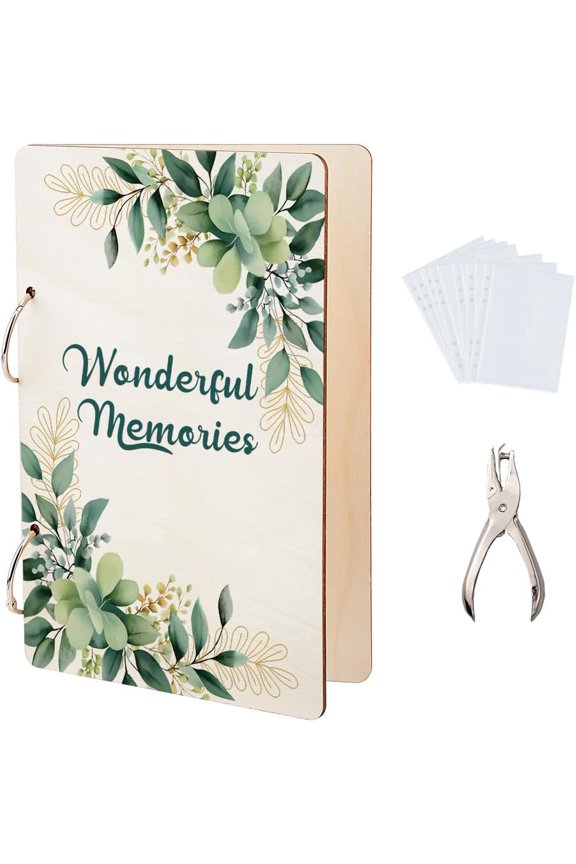 Wonderful Memories Greeting Card Organizer Wedding Journal Card Keeper Green Leaves Planner Card Holder Wooden Loose Leaf Photo Album 2-Rings Cover with Punch and 10pcs Inner Pockets
