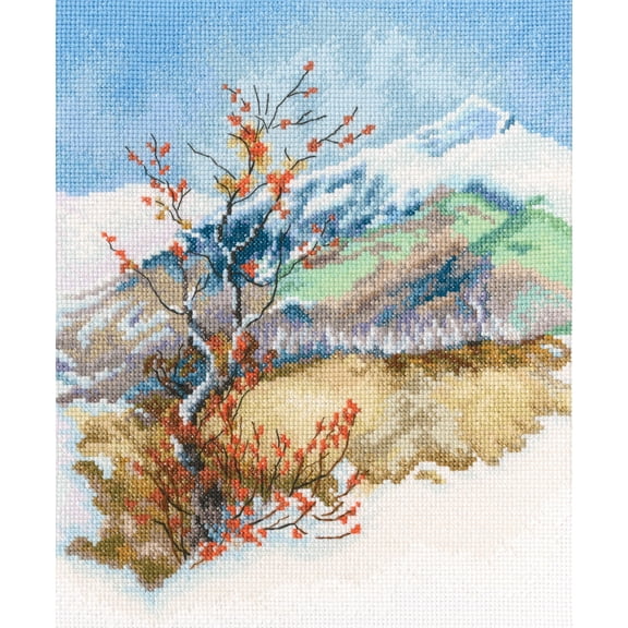 Wizardi Counted Cross Stitch Kit Glamorous Scene M937 ‚Äì Wonderful North Mountains with Flowers Landscape, 14ct White Zweigart Aida DMC Floss, Needle, Chart, 8.27x10.04 Vertical Kit for Adult RTO