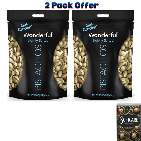 Wonderful Pistachios In-Shell Lightly Salted Nuts, 16 Ounce Bag ( Includes One Tissue Pack )