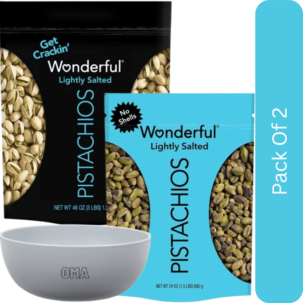 Wonderful Pistachios – Lightly Salted No Shells (24 oz) & Lightly Salted (48 oz) Variety Pack-2pk, With Olive White Bowl By OMA