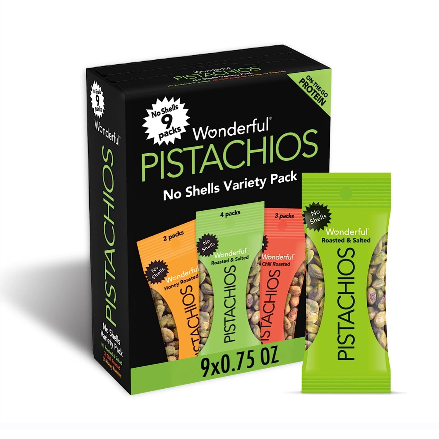 Wonderful Pistachios, No Shells Variety Pack Nuts, 0.75 Ounce Bags (Pack of 9)