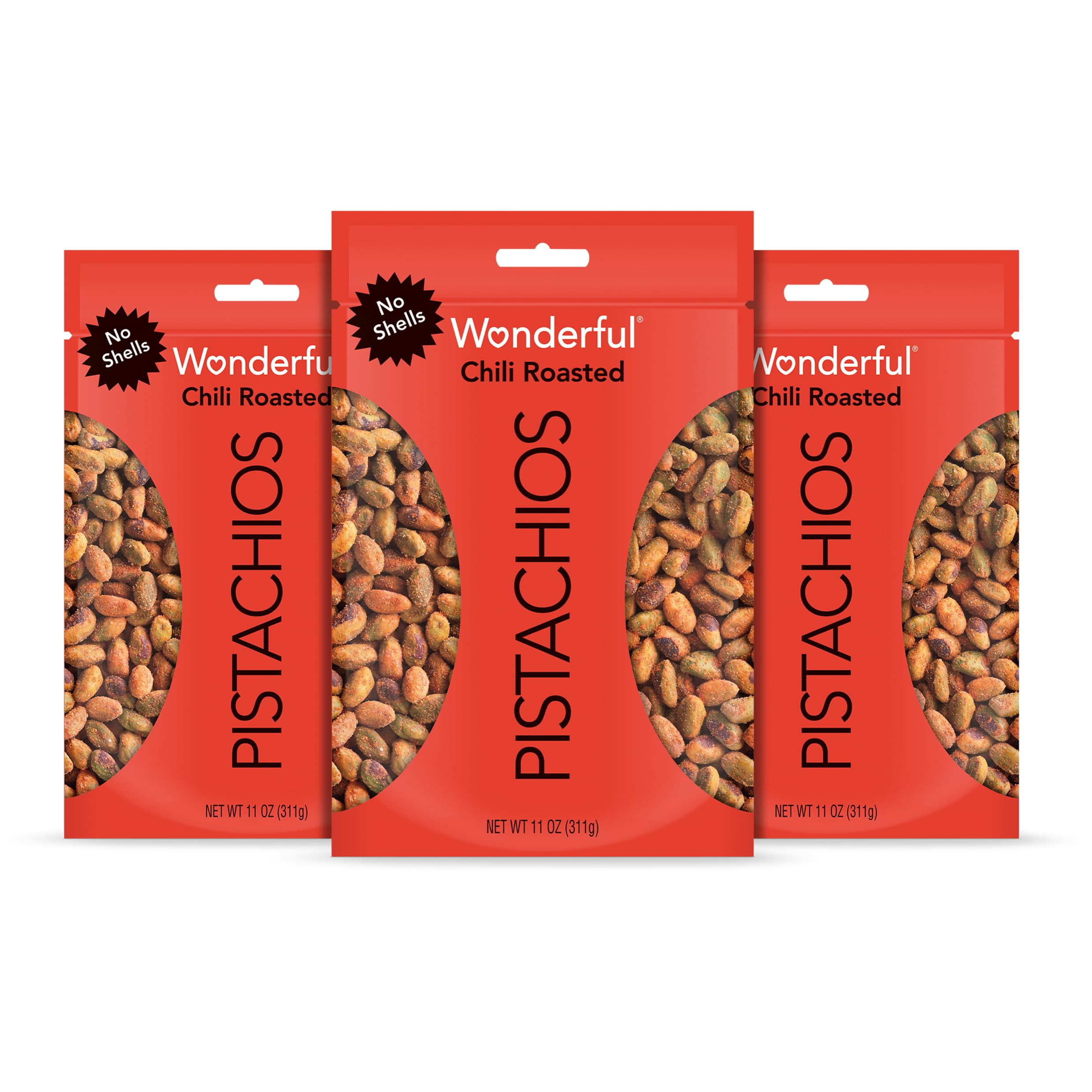 Wonderful Pistachios No Shells, NG01&nbsp;Chili Roasted, 11 Ounce Bag (Pack of 3), Protein Snack, On-the-Go Snack