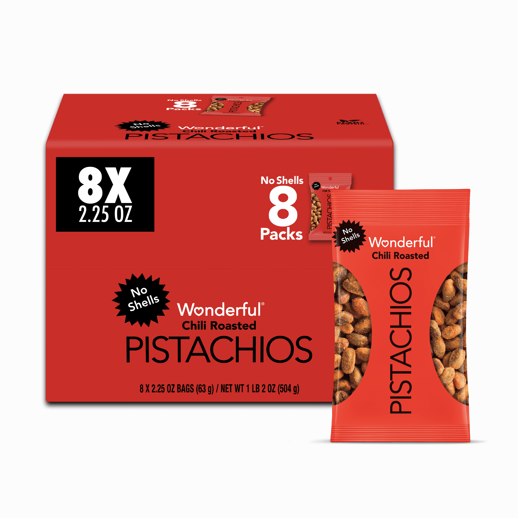 Wonderful Pistachios No Shells Chili Roasted, 2.25 oz Bags (Pack of 8)