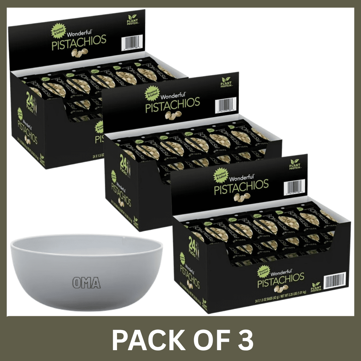 Wonderful Pistachios Roasted & Salted 1.5 oz (Pack of 3) with Free Serving Bowl by OMA