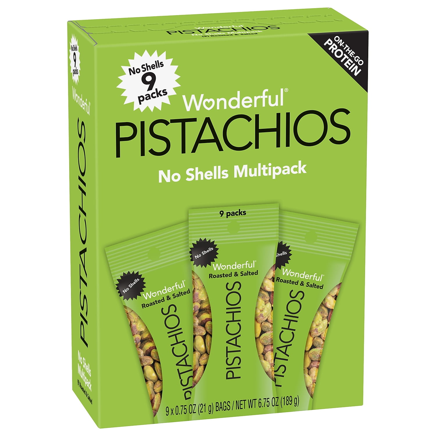 Wonderful Pistachios Roasted & Salted No Shells 0.75 oz. 9 Bags/Box 4 Boxes/Carton (PAR91100)