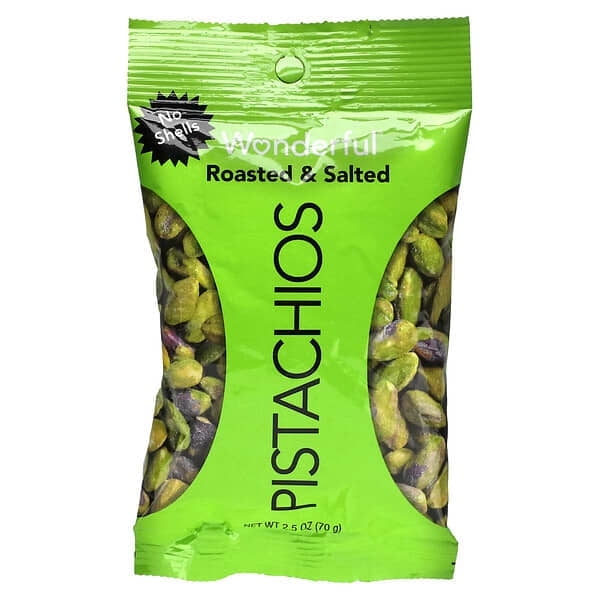 Wonderful Pistachios, Roasted & Salted, No Shells, 2.5 oz Pack of 4