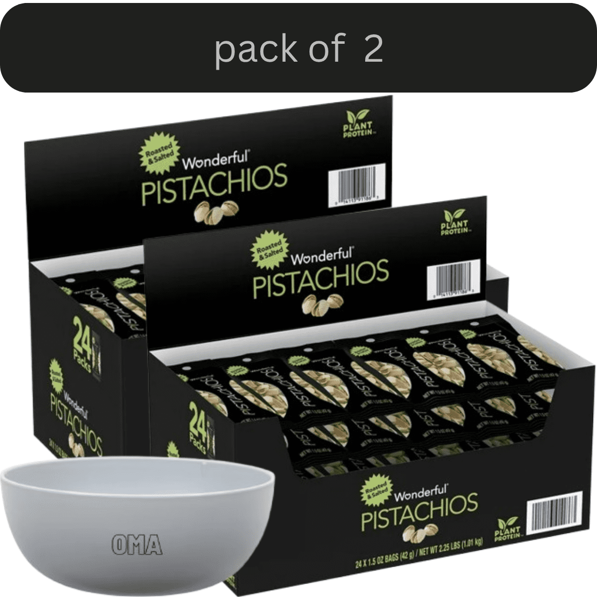 Wonderful Pistachios, Roasted and Salted, 2 Pack, 1.5 oz., 24 pk with bowl by OMA