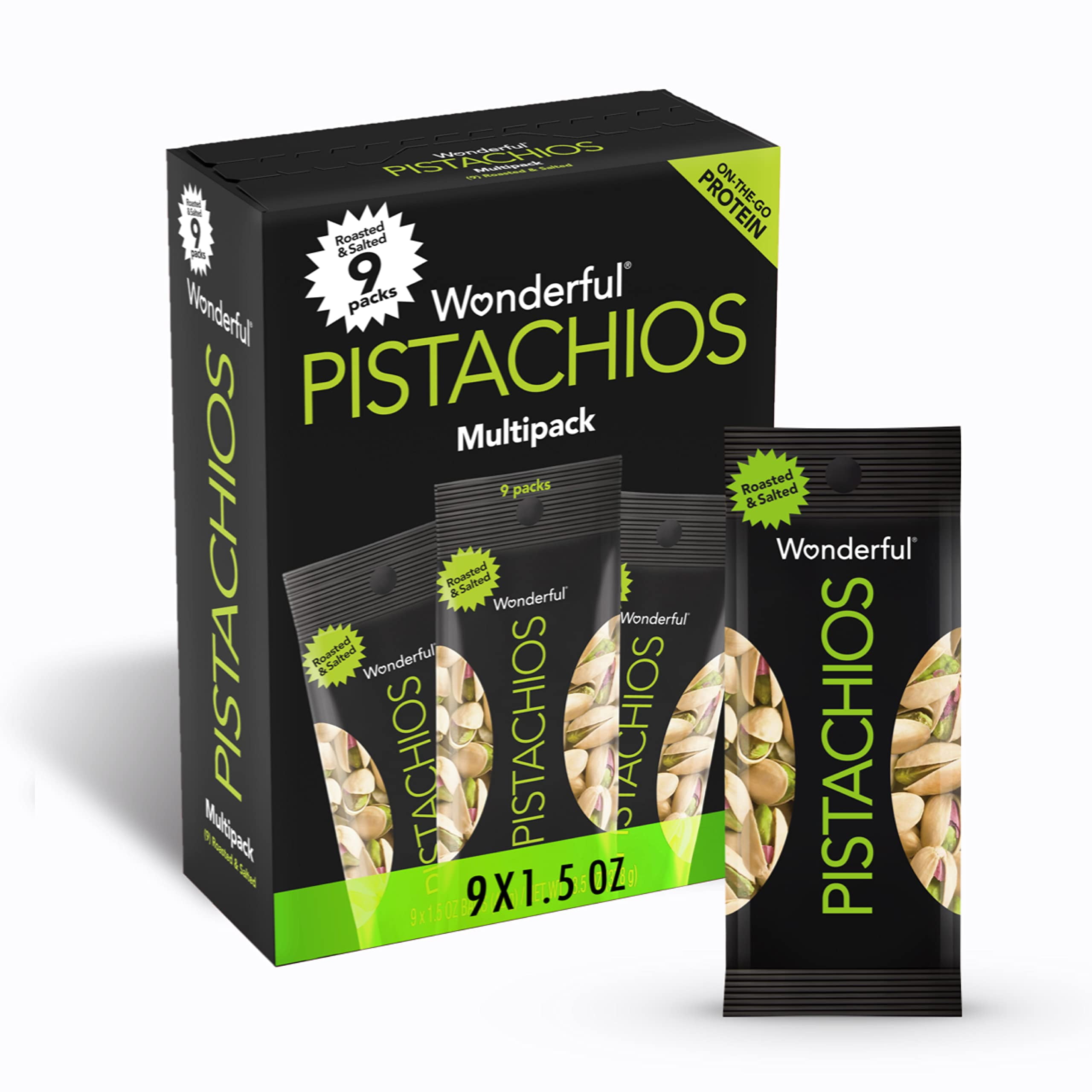 Wonderful Pistachios In Shell, Roasted & AIS1&nbsp;Salted Nuts, 1.5 Ounce Bag (Pack of 9), Protein Snacks, On-the-Go, Individually Wrapped Healthy Snacks for Adults