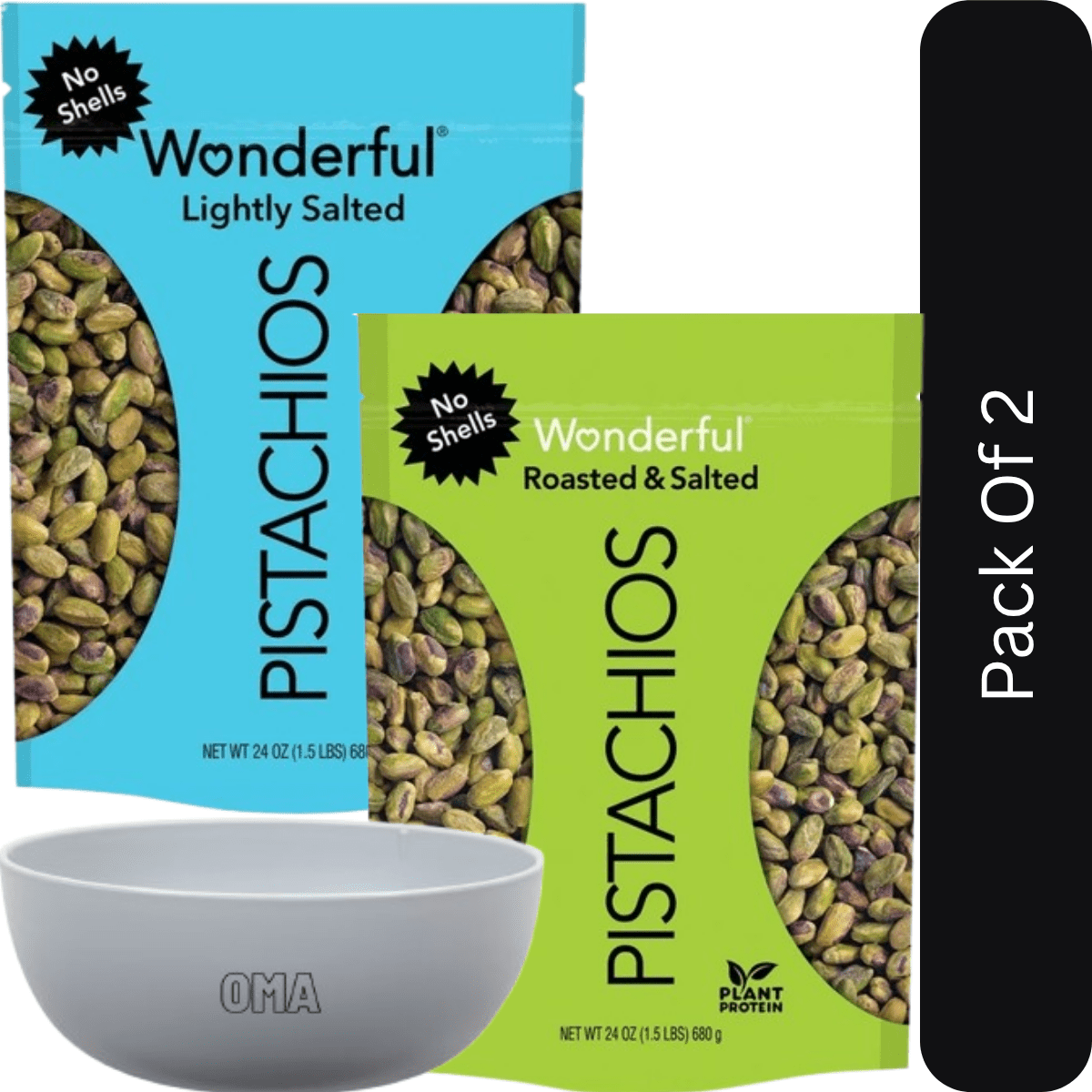 Wonderful Pistachios Variety Pack – Lightly Salted No Shells (24 oz) & Shelled Roasted & Salted (24 oz)-2pk,  With Olive White Bowl By OMA