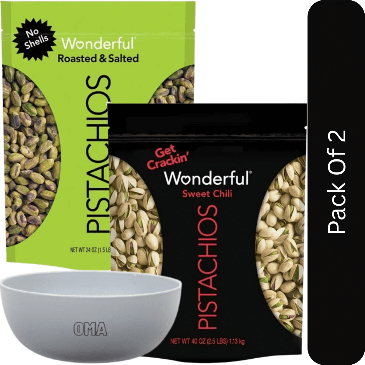 Wonderful Pistachios Variety Pack – Sweet Chili (40 oz) & Shelled Roasted & Salted (24 oz)-2pk,With Olive White Bowl By OMA