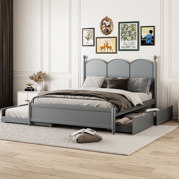 Wonderful Queen Size Bed With 2 Big Drawers And Twin Xl Trundle, Gray Platform Trundle Large Drawer Choices In - Rustic Bedroom Design For Assertive Living