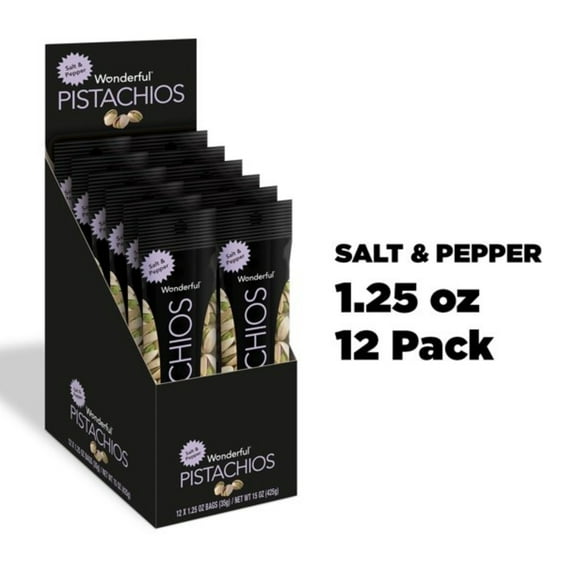 Wonderful Salt & Pepper Pistachios 1.25 Ounces High Fiber Nuts Delicious Heart Healthy Hunger Snack for Camping Hiking Sports Event Parties Lunches Protein Food Pack of 12