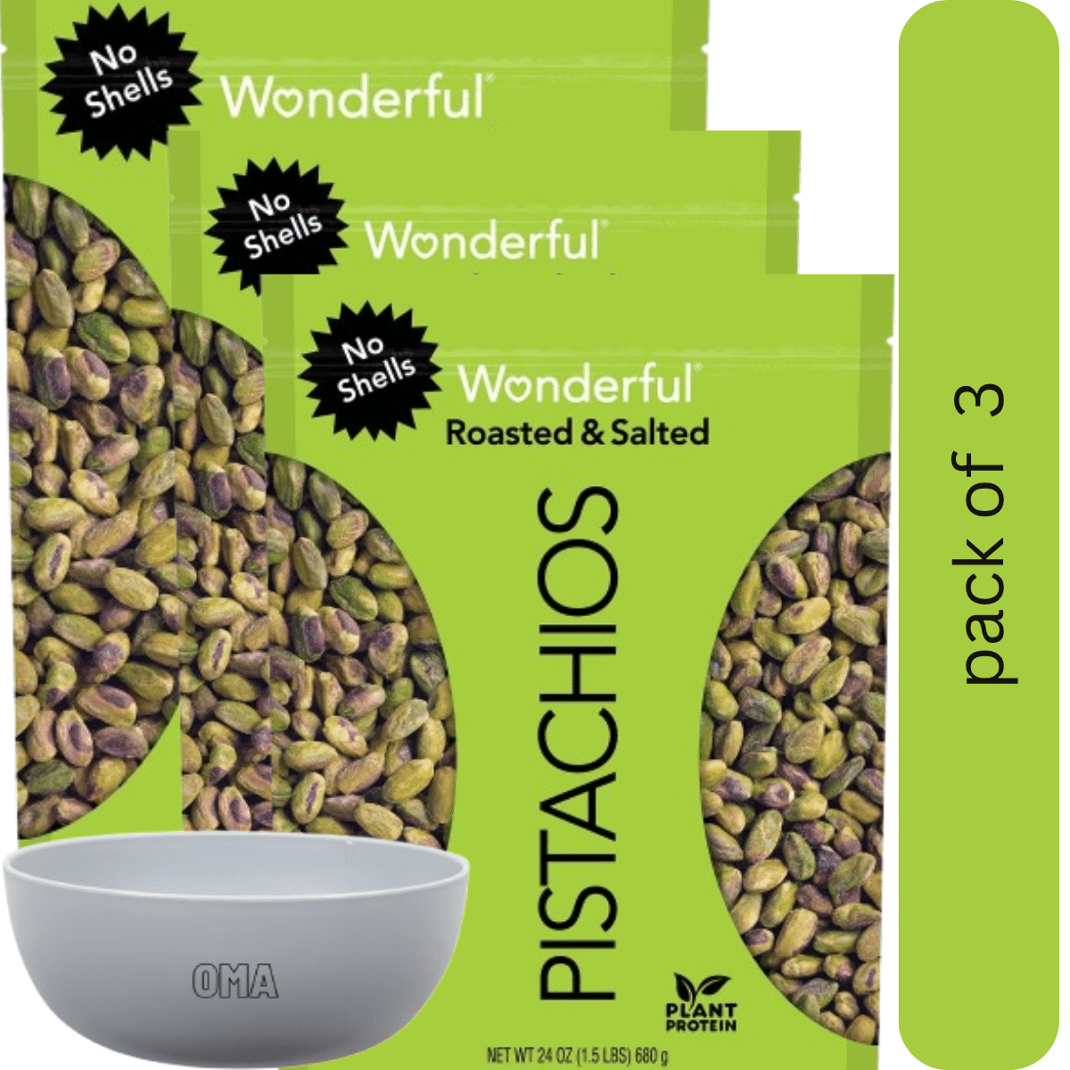 Wonderful Shelled Roasted Salted Pistachios, 3 Pack, 24 oz. with bowl by OMA