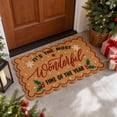 thumbnail image 1 of It's Wonderful Time Of The Year Christmas Doormat, Crystal Velvet Holiday Entryway Rug, Scalloped Edge Festive Letter Print Floor Mat, Dirt Trapping Indoor Outdoor Carpet for Porch Hallway(D 29.53in), 1 of 6