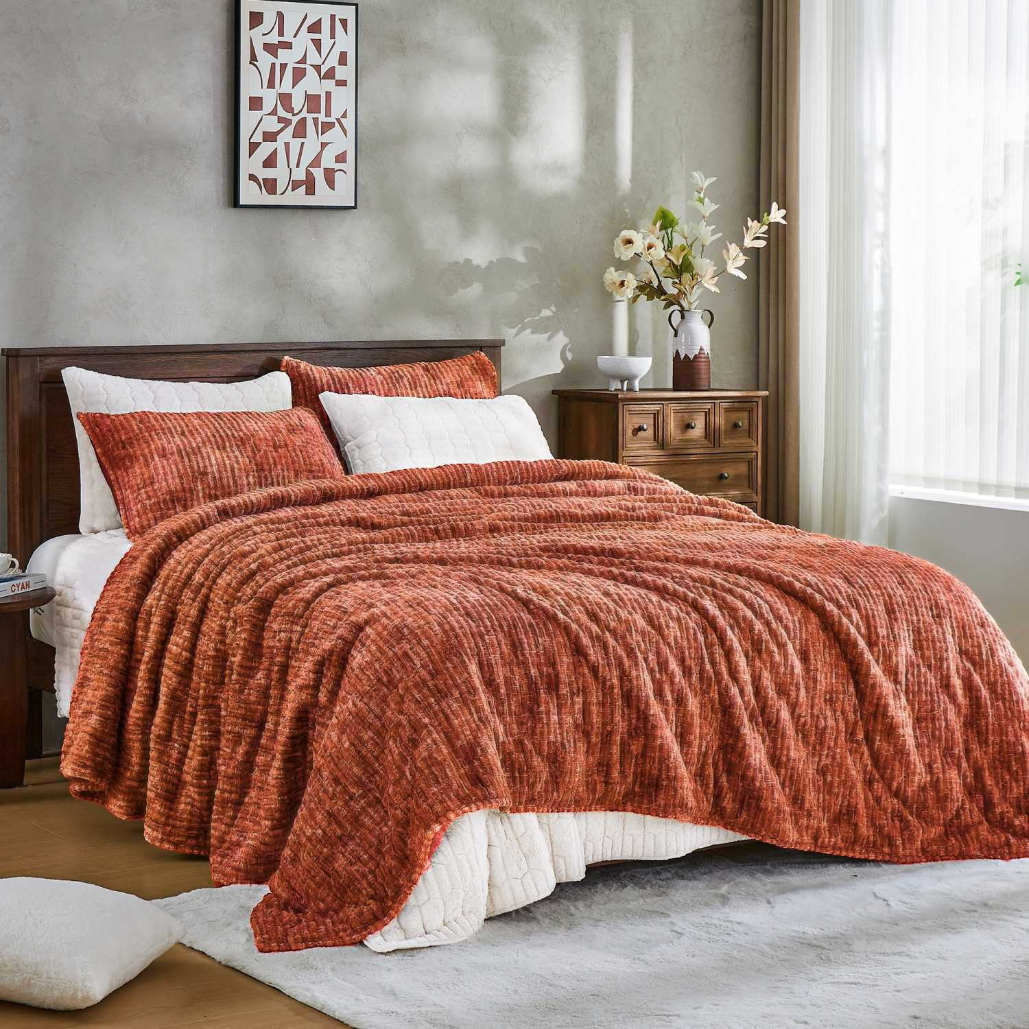 King Size Burnt Orange Velvet Quilt Set with Embroidery