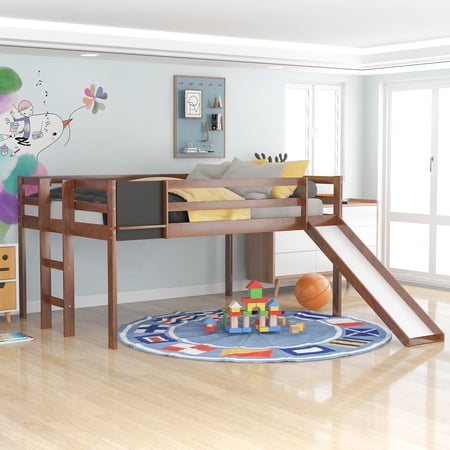 Wonderful Walnut Loft Bed with Slide and Chalkboard