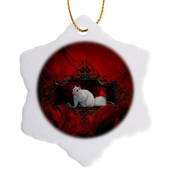 3drose, Wonderful White Squirrel, 3 inch Snowflake Porcelain Ornament