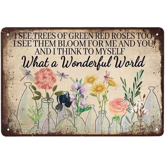 What a Wonderful World, Flowers Home Decor sign, 12"x8" Dragonfly Decor, Flowers Decor, Retro Tin Sign Vase Flowers Poster Plaque Entryway Decor Gallery Wall Decor