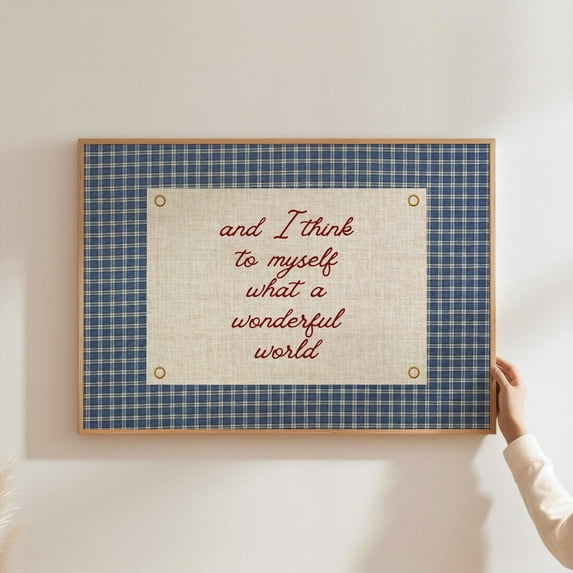 A Wonderful World Poster Inspirational Family Wall Art Horizontal Happy Positive Quote Motivational Navy Blue Gingham Decor Home Decor, 12x18 UNFRAMED
