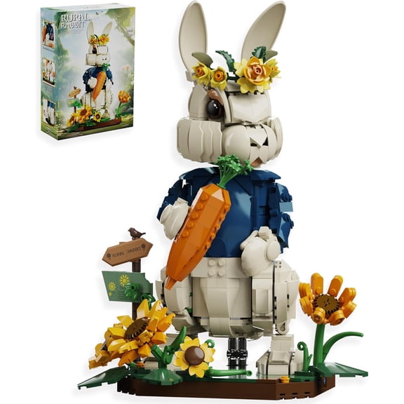 Wonderland Bunny Building Blocks Set, Compatible with Lego, Creator Cute Rabbit Toys with Carrot Sunflower Display Base Creative Easter Gift for Adults Kids Girls