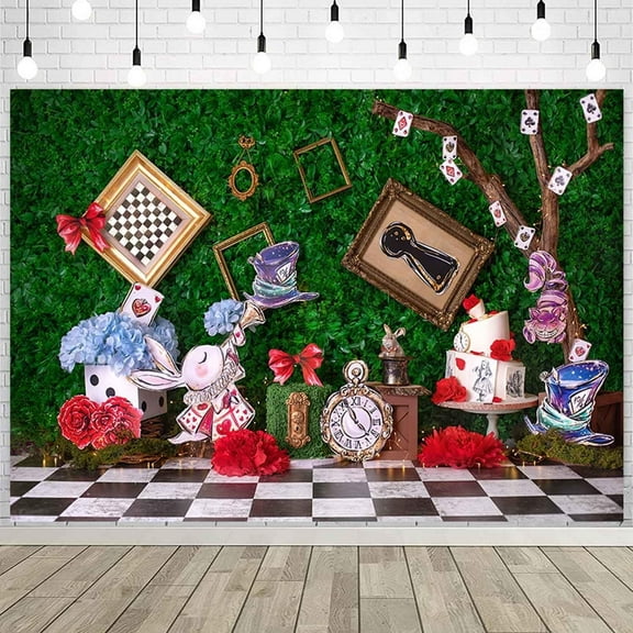 Wonderland Enchanted Tea Party Photography Backdrop Kids Fairy Tale Green Grass Checkerboard Rabbit Background Little Princess Girl Baby Shower Birthday Decorations Photoshoot Banner