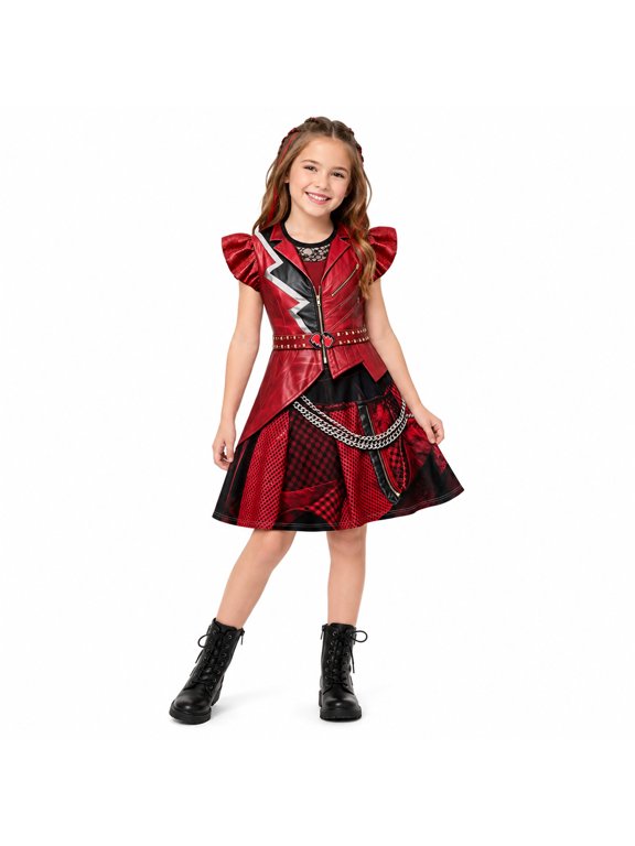 Wonderland Red Leather Style Cosplay Costume Biker Jacket Dress Halloween Party Outfit