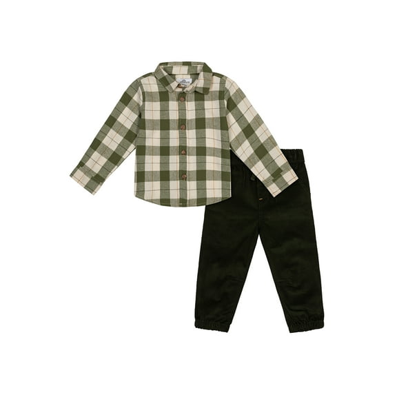 Wonderluxe Baby Boys' Long Sleeve Flannel Shirt and Pant, 2-Piece Set, Sizes 0-3M-24M