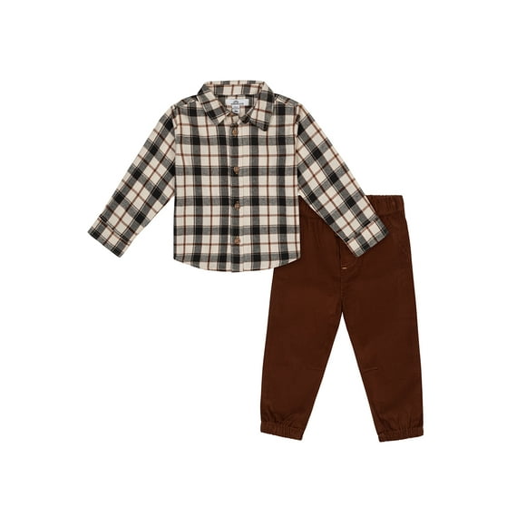 Wonderluxe Baby Boys' Long Sleeve Flannel Shirt and Pant, 2-Piece Set, Sizes 0-3M-24M