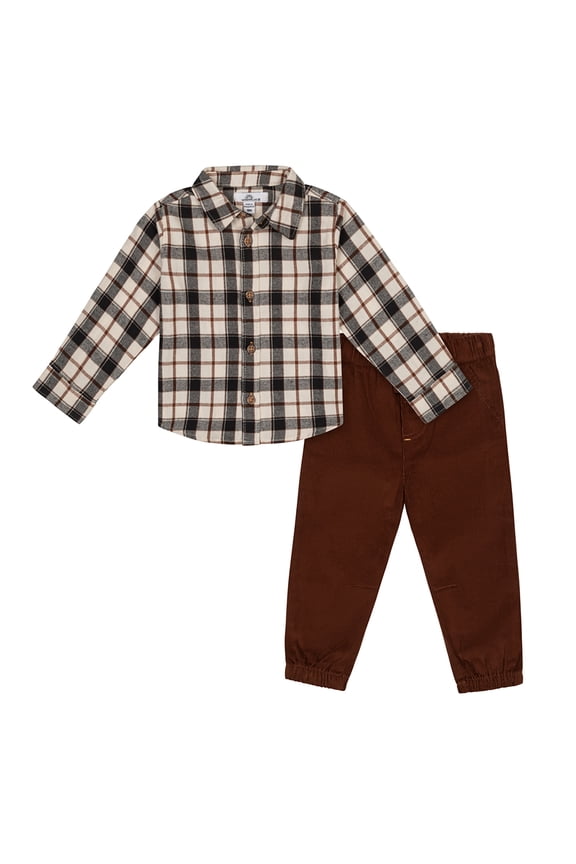 Baby Boys' Long Sleeve Flannel Shirt and Pant, 2-Piece Set, Sizes 0-3M-24M