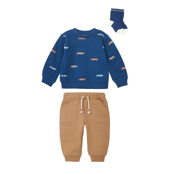 Wonderluxe Baby Boys' Long Sleeve Fleece Sweatshirt and Jogger, 3-Piece Set, Sizes 0-3M-24M