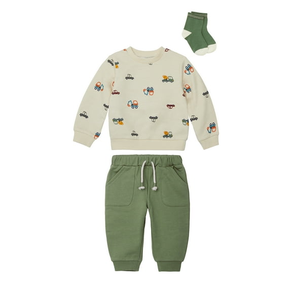 Wonderluxe Baby Boys' Long Sleeve Fleece Sweatshirt and Jogger, 3-Piece Set, Sizes 0-3M-24M