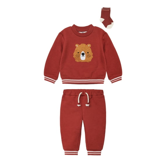 Wonderluxe Baby Boys' Long Sleeve Fleece Sweatshirt and Jogger, 3-Piece Set, Sizes 0-3M-24M