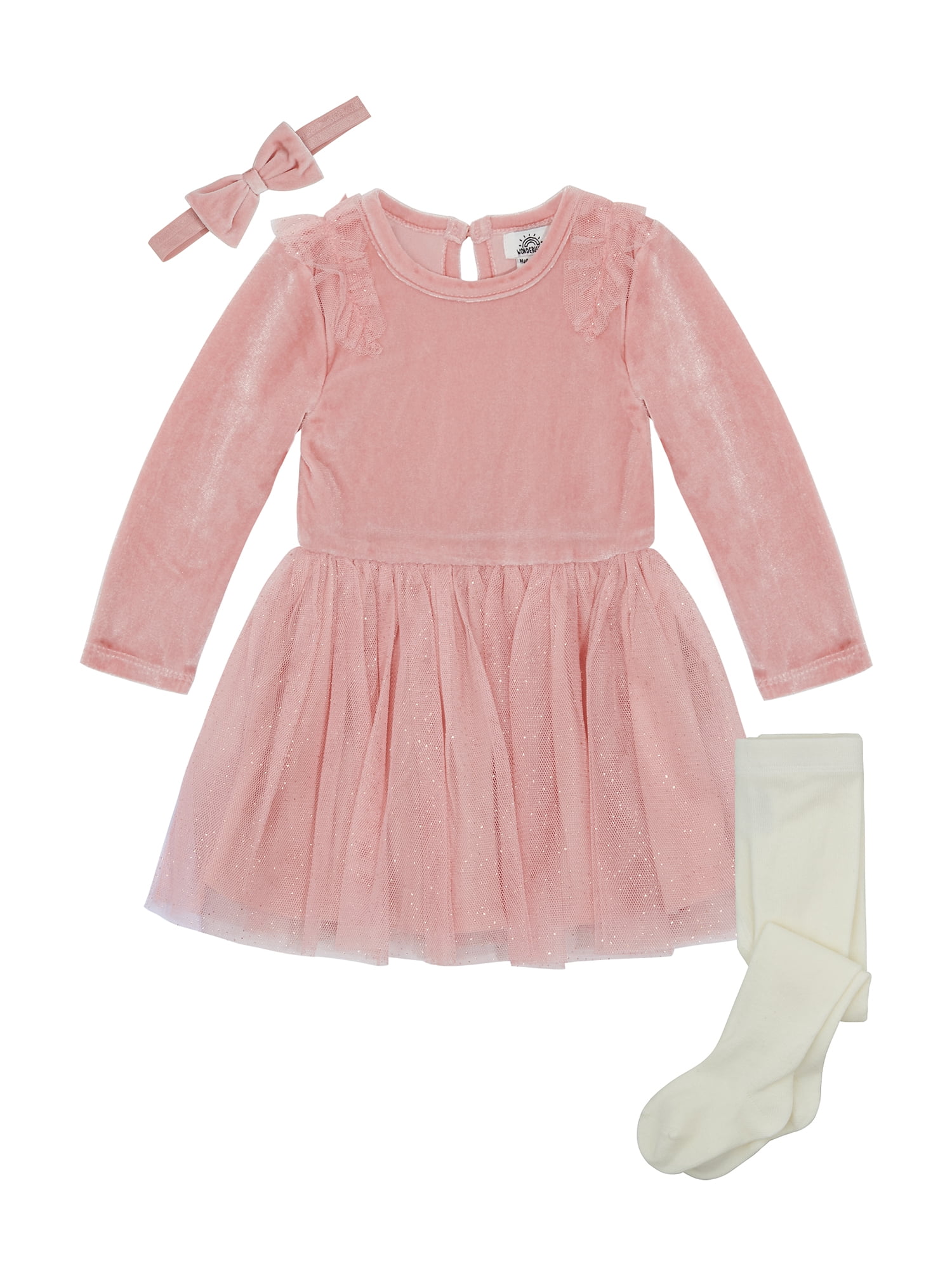 Wonderluxe Baby Girls' Long Sleeve Velvet Dress, 3-Piece Set, Sizes 0-3M-24M