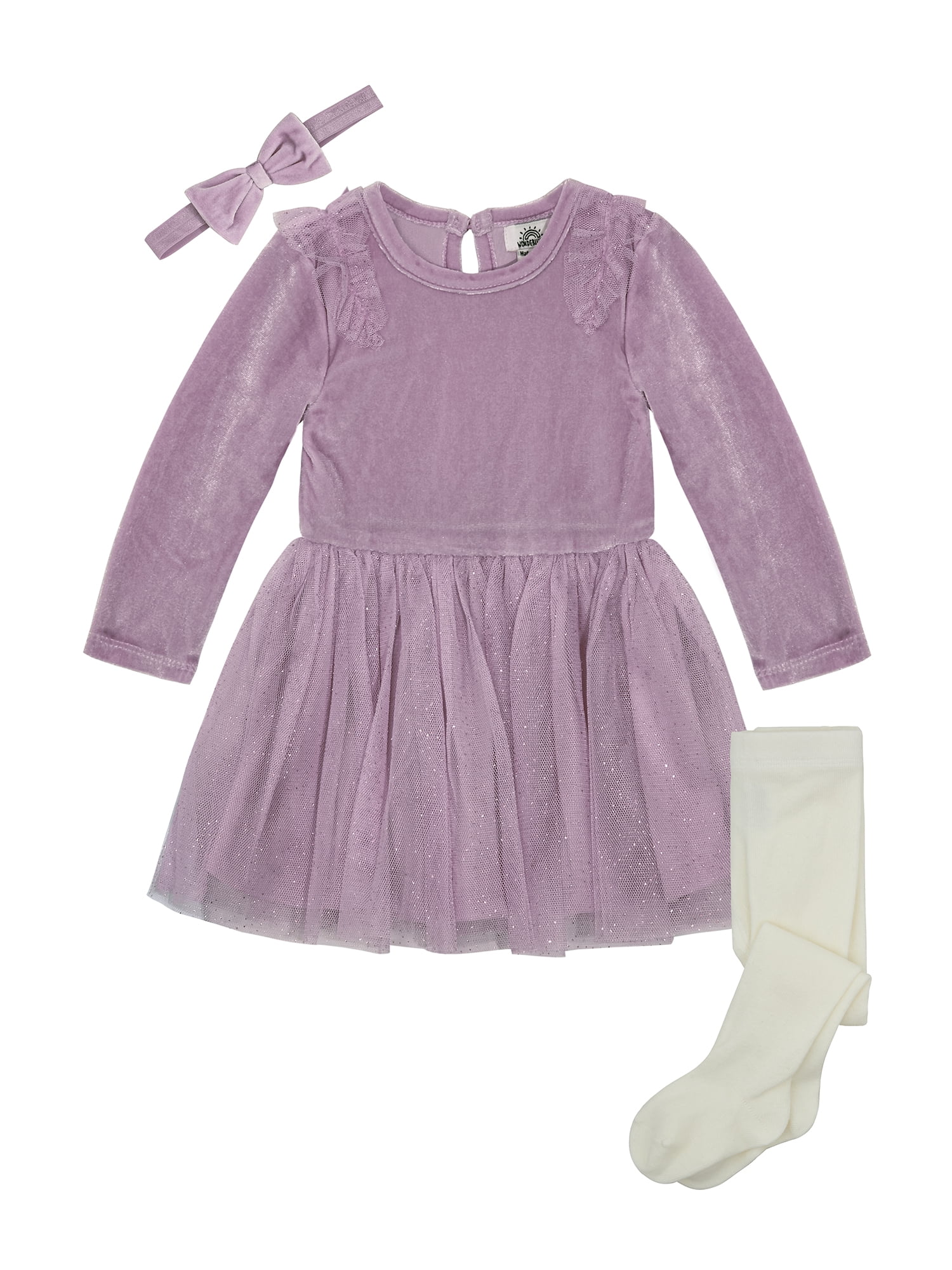 Wonderluxe Baby Girls' Long Sleeve Velvet Dress, 3-Piece Set, Sizes 0-3M-24M