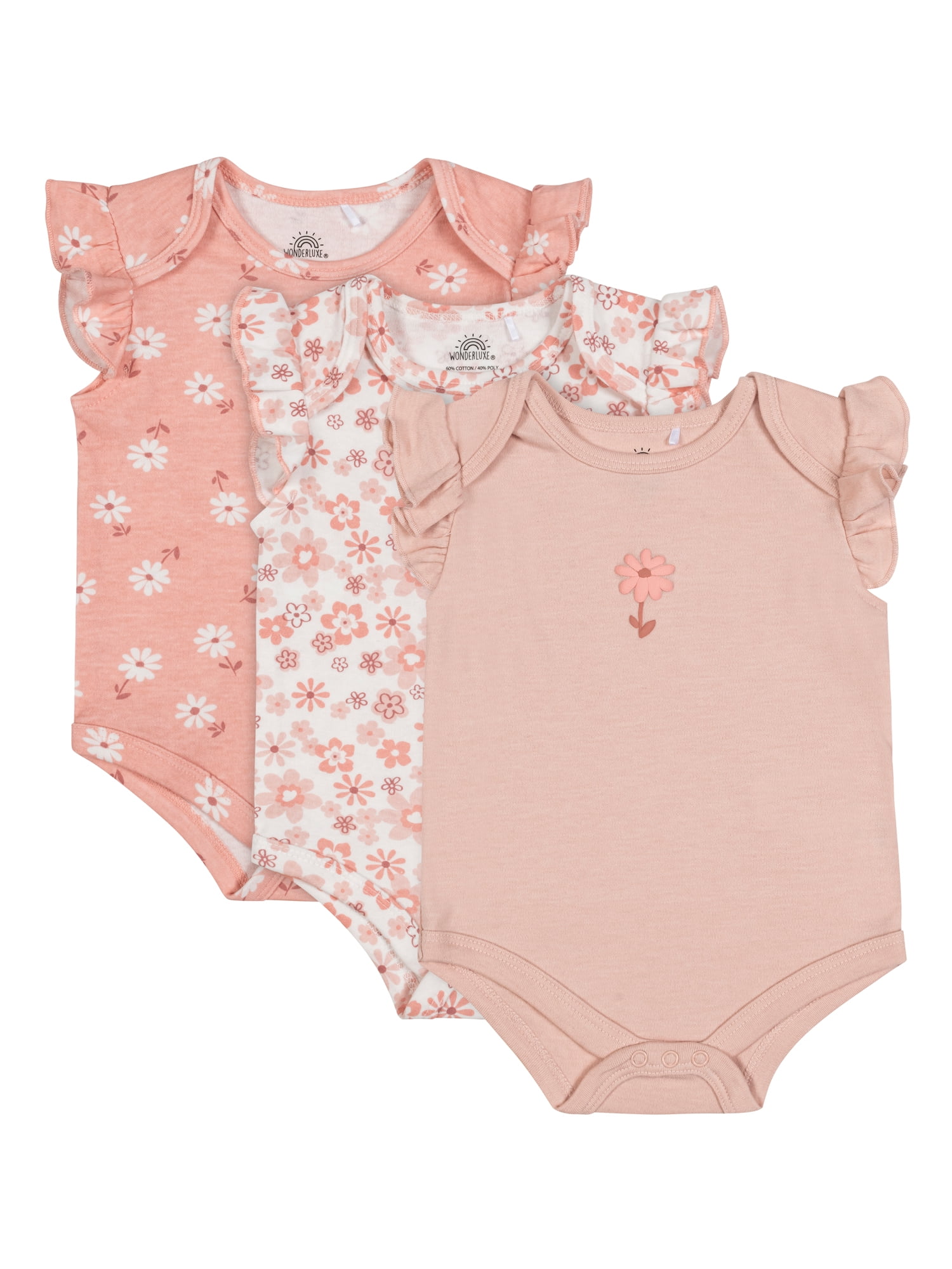 Wonderluxe Baby Girls' Short Sleeve Bodysuits, 3-Pack, Sizes