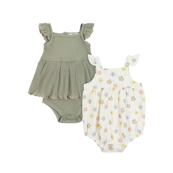 Wonderluxe Newborn Girls' 2 Pack Flutter Sleeve Bubble Romper, Sizes 0/3M-6/9M