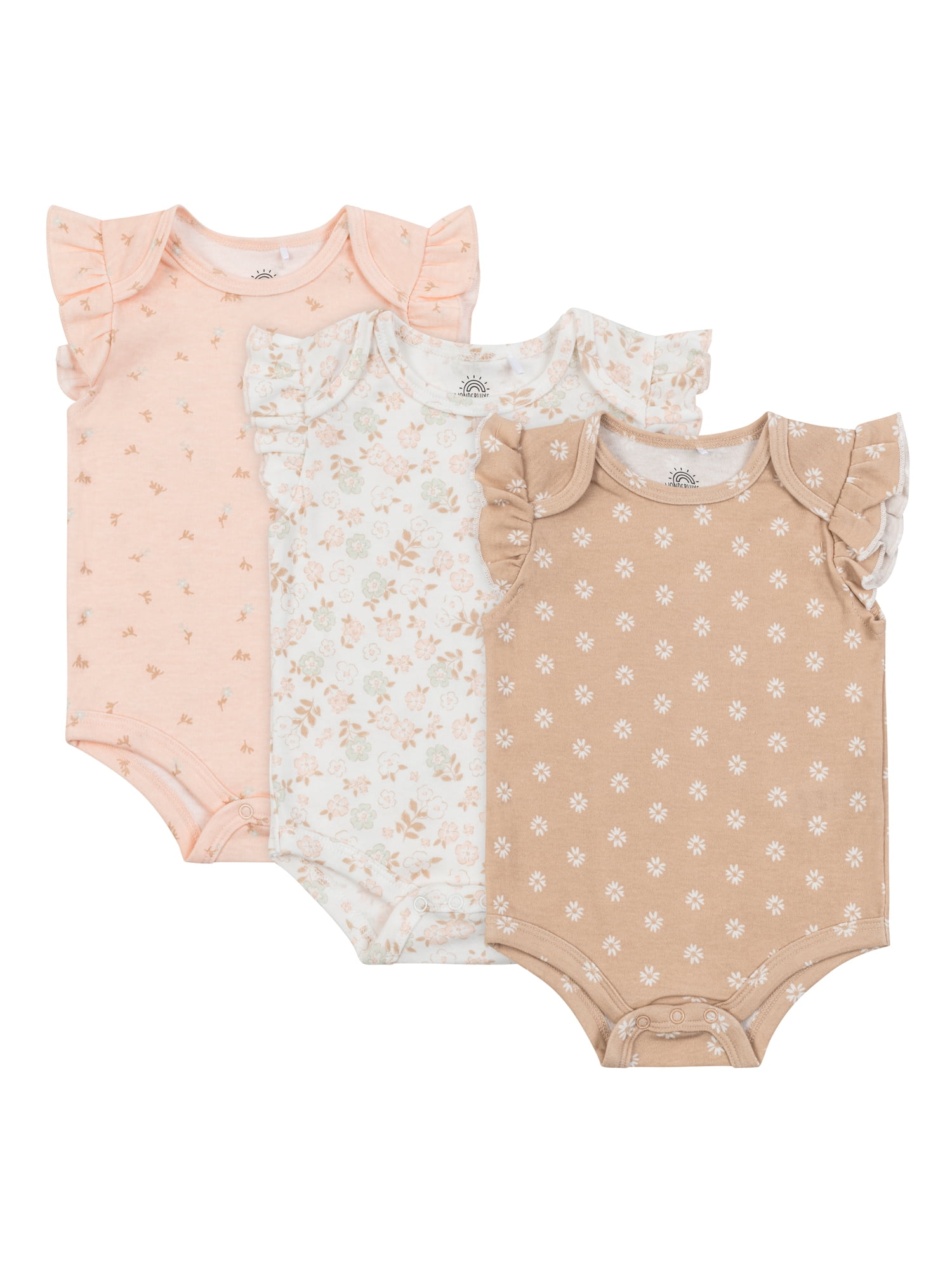 Wonderluxe Newborn Girls' Short Sleeve Bodysuits, 3-Pack, Sizes 0-3M-6-9M