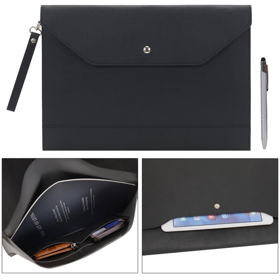 Wonderpool A4 Envelope Case Folder File Sleeve Thickened PU Leather with Removable Hand Strap and Inner Pockets Pouch for Document Stationery Tablet PC Holder Organizer Portfolio Bag (Black)