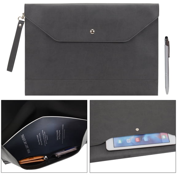 Wonderpool A4 Envelope Case Folder File Sleeve Thickened PU Leather with Removable Hand Strap and Inner Pockets Pouch for Document Stationery Tablet PC Holder Organizer Portfolio Bag (Dark gray)