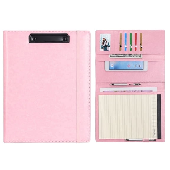 Wonderpool A4 PU Leather Clipboard Partfolio Notepad Forms Holders Document Case - Interview Planner Meeting Writing Padfolio File for Office Travel School Hotel Hospital (A4,Pink)