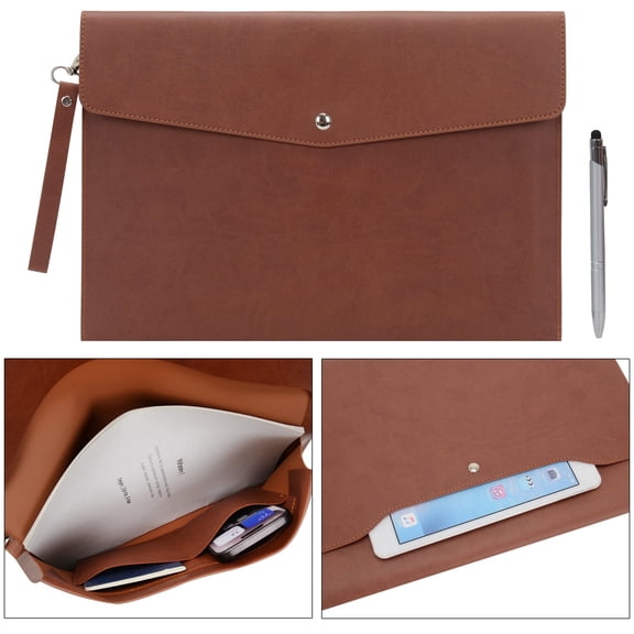 Wonderpool A4 PU Leather Envelope Documents File Portfolio Large Capacity Folders Travel Bag for Paper Letter Stationery Organizer and Tablet Case PC Sleeve (Coffee)