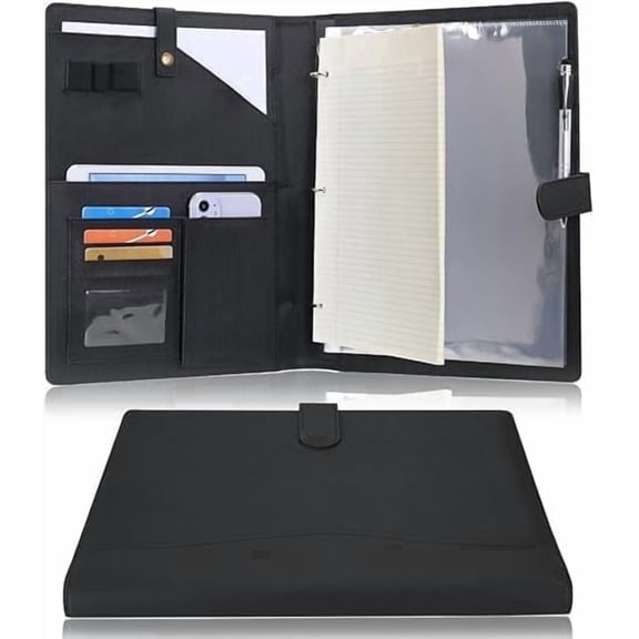 Wonderpool A4 PU Leather Portfolio Holder Ring File Document Case with Removable Binder Clipboard, Multi Pocket and Legal Pad for Business Organizer Interview and Meeting (Black)