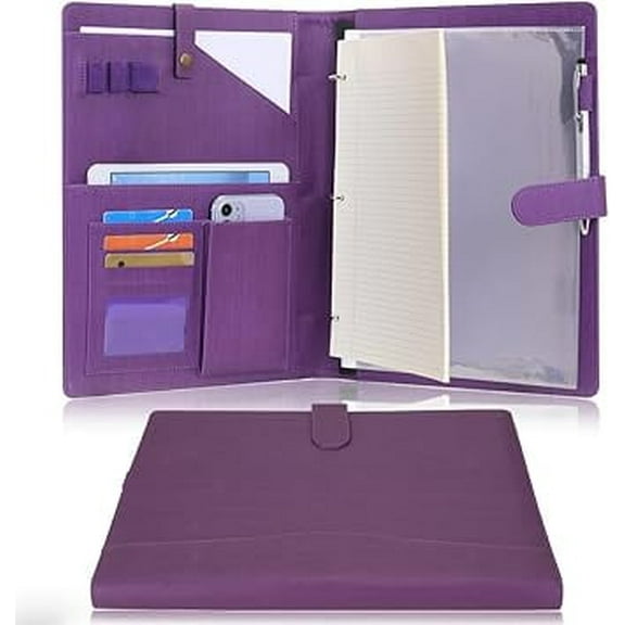Wonderpool A4 PU Leather Portfolio Holder Ring File Document Case with Removable Binder Clipboard, Multi Pocket and Legal Pad for Business Organizer Interview and Meeting (Purple)