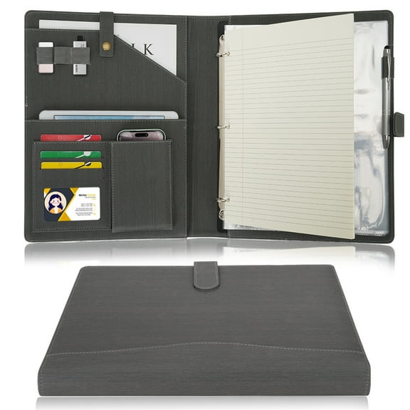 Wonderpool A4 PU Leather Portfolio Holder Ring File Document Case with Removable Binder Clipboard, Multi Pocket and Legal Pad for Business Organizer Interview and Meeting (Gray)