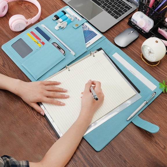 Wonderpool A4 PU Leather Portfolio Holder Ring File Document Case with Removable Binder Clipboard, Multi Pocket and Legal Pad for Business Organizer Interview and Meeting (Light Blue)