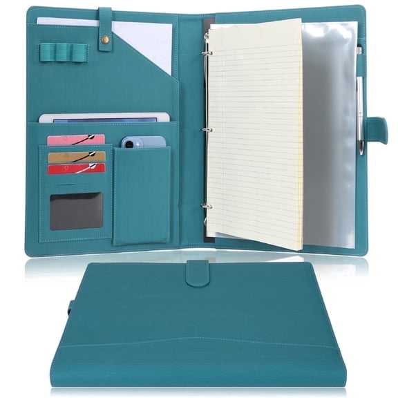 Wonderpool A4 PU Leather Portfolio Holder Ring File Document Case with Removable Binder Clipboard, Multi Pocket and Legal Pad for Business Organizer Interview and Meeting (Dark Cyan)