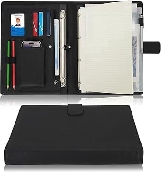 Wonderpool A4 PU Leather Ring Holder Writing Portfolio Multi Document Case with Removable Binder Clipboard and Functional Pocket for Organizer Office Travel School (Black)
